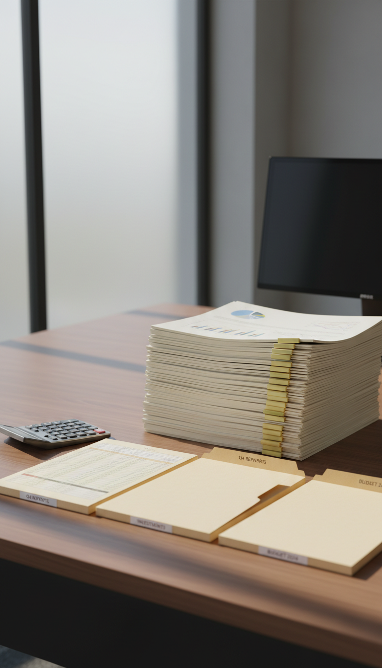 A stack of meticulously organized financial documents and clean ivory-toned spreadsheets, accented with a matte-finish silver calculator and crisp manila folders neatly arranged on a smooth walnut desk. The setting is a contemporary workspace, featuring uncluttered surfaces and a single sleek monitor in the distant background. Soft, natural daylight filters in through a frosted glass window, casting subtle, even highlights and gentle shadows for a balanced, professional ambiance. Captured from an eye-level, slightly angled perspective with the rule of thirds for composition, the image exhibits photographic realism. The mood is calm, focused, and structured, with a modern corporate aesthetic reflecting practical financial management.
