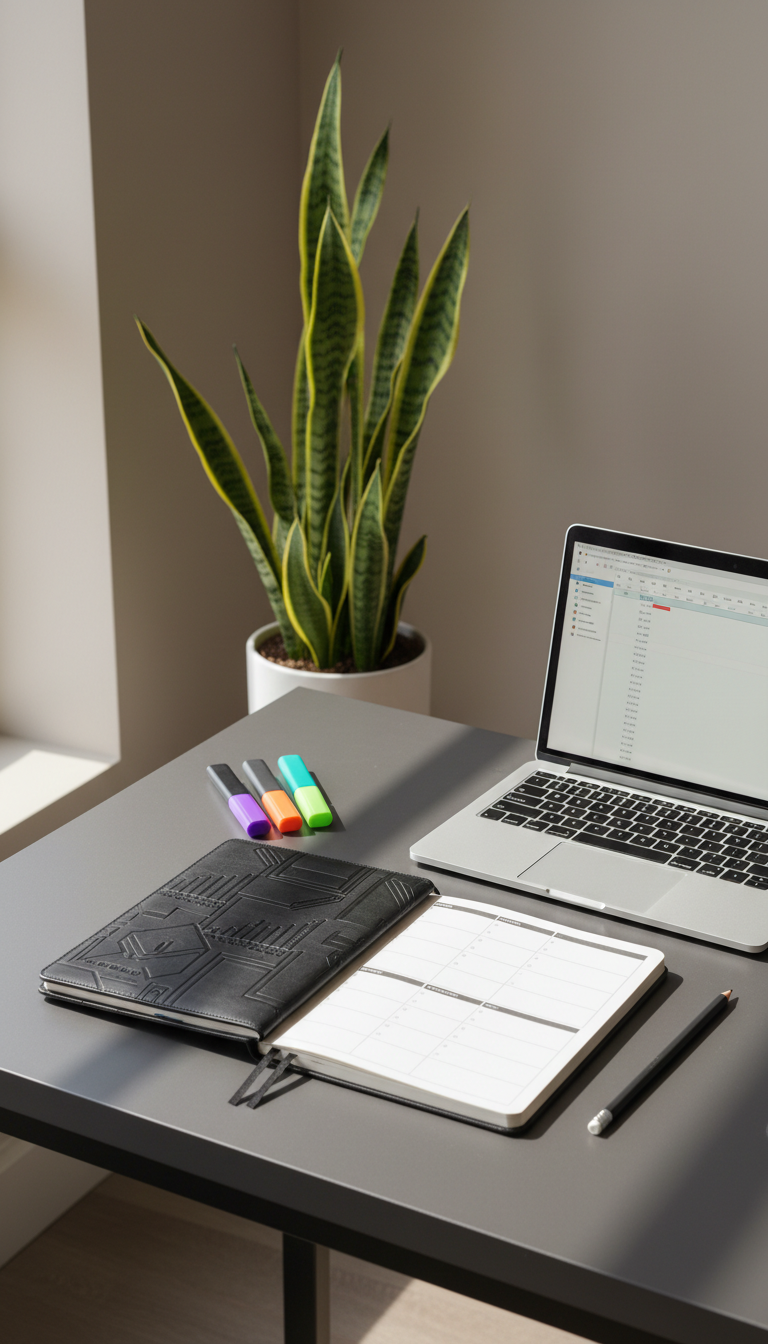 A sharply designed budget planner notebook with an embossed black leather cover lies open on a pewter-finished desk surface, with color-coded highlighters, a graphite pencil, and an ultra-slim silver laptop precisely arranged beside it. The immediate environment is a minimalist home office setup, featuring neutral taupe walls and a single potted snake plant for a touch of organic contrast. Bright but diffuse mid-morning sunlight streams in from a side window, producing soft shadows and lending a crisp yet inviting atmosphere. The image is photographed at a slight overhead angle, centered, with a clean and structured composition, conveying professionalism and practicality through minimalist photographic realism.