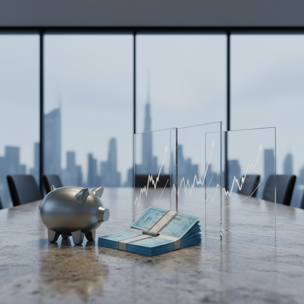 A collection of visually diverse investment assets—a brushed steel piggy bank, a stack of icy blue corporate bonds, and a trio of clear acrylic stock market graphs—displayed in a balanced layout on a stone-textured conference table. The setting is a high-rise office interior with abstract cityscape silhouettes faintly visible through large glass windows in the background. Cool, controlled daylight streams in, creating gentle reflections and precise shadow lines for a polished, aspirational tone. Captured with a low, wide-angle lens and asymmetrical composition, the photo conveys clarity and sophistication, championing the nuanced elements of modern investing.